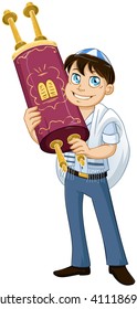 Vector illustration of a Jewish boy with talit holds the Torah for Bar Mitzvah.