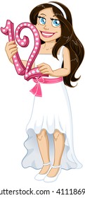 Vector illustration of a Jewish girl holds the number 12 for Bat Mitzvah.
