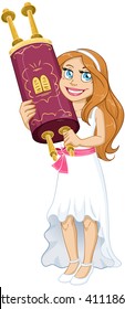 Vector illustration of a Jewish girl holds the Torah for Bat Mitzvah.