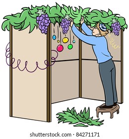 A vector illustration of a Jewish guy standing on a stool and building a Sukkah for the Jewish holiday Sukkot.