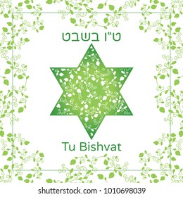 Vector illustration of Jewish holiday. David Star with pomegranate fruits, branches, swirls for greeting card or poster. Text Tu Bishvat on Hebrew, which means the Jewish holiday New Year of the Trees