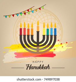 Vector Illustration of Jewish holiday festival Hanukkah background greetings with menorah (traditional candelabra) and burning candles 