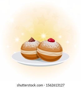 Vector illustration of the Jewish holiday of Hanukkah. Doughnuts on a lighted background.