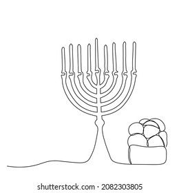 Vector illustration. The Jewish holiday of Hanukkah. The candlestick. Bread. Drawing with one line...