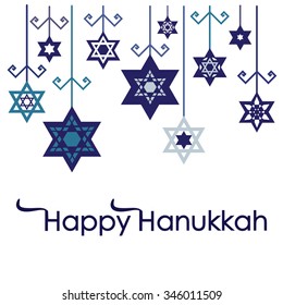 Vector illustration for Jewish Holiday Hanukkah / hanging stars and snowflakes decoration with Happy Hanukkah lettering 