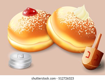 Vector illustration of jewish holiday Hanukkah with traditional donuts and wooden spinning top and coins.