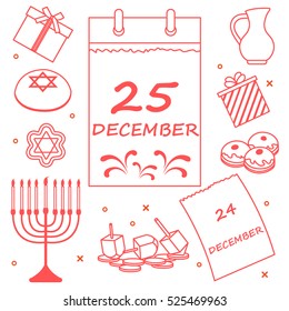Vector illustration: Jewish holiday Hanukkah: calendar, gifts, dreidel, sivivon, menorah, coins, donuts and other. Design for postcard, banner, flyer, poster or print.