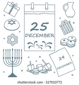 Vector illustration: Jewish holiday Hanukkah: calendar, gifts, dreidel, sivivon, menorah, coins, donuts and other. Design for postcard, banner, flyer, poster or print.