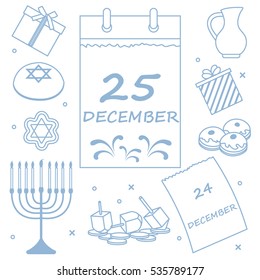 Vector illustration: Jewish holiday Hanukkah: calendar, gifts, dreidel, sivivon, menorah, coins, donuts and other. Design for postcard, banner, flyer, poster or print.