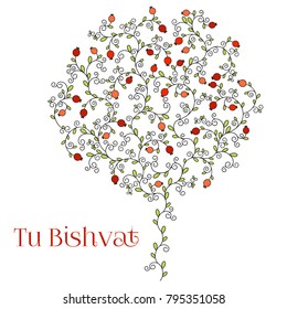 Vector illustration of Jewish holiday, new year of trees for Tu Bishvat. A tree with pomegranate fruits, branches, swirls for greeting card or poster. Text Tu Bishvat isolated on white