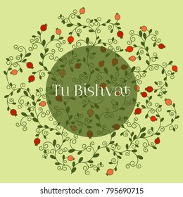 Vector illustration of Jewish holiday, new year of trees for Tu Bishvat. A tree with pomegranate fruits, branches, swirls for greeting card or poster. Text Tu Bishvat