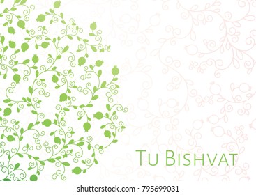 Vector illustration of the Jewish holiday, a new year of trees for Tu Bishvat. A tree with pomegranate fruits, branches, swirls for the greeting card or poster. Text Tu Bishvat