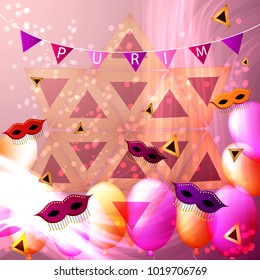 Vector illustration for Jewish holiday Purim with masks, Hamantaschen and star of David.