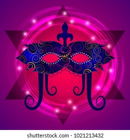 Vector illustration for Jewish holiday Purim with mask and Star of David on violet background.