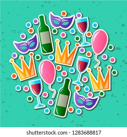 Vector illustration for Jewish holiday Purim celebration. Carnival symbols set of design elements.