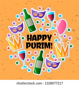 Vector illustration for Jewish holiday Purim celebration. Carnival symbols set of design elements.