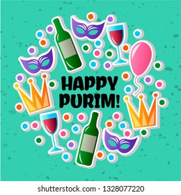 Vector illustration for Jewish holiday Purim celebration. Carnival symbols set of design elements.