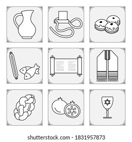Vector illustration Jewish holiday Traditional symbols Torah scroll, tefillin, jug of oil, fish, donuts, Judea's ritual clothing, pomegranate, challah Happy Hanukkah Rosh Hashanah Design for print