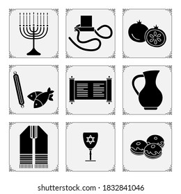 Vector illustration Jewish holiday Traditional symbols Menorah candles Torah scroll tefillin jug of oil, fish, donuts Judea's ritual clothing, pomegranate Happy Hanukkah Rosh Hashanah Design for print