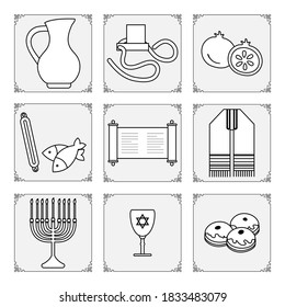Vector illustration Jewish holiday Traditional symbols Menorah candles Torah scroll tefillin jug of oil, fish, donuts Judea's ritual clothing, pomegranate Happy Hanukkah Rosh Hashanah Design for print