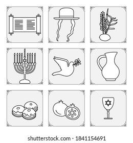 Vektorgrafik Jüdischer Feiertag Traditionelle Symbole Menorah-Kerzen, Torah-Scroll, Jug aus Öl, Taube, Donuts, Granatapfelsaum, Zitrone, Dattelpalmenzweig, Hut, Hofen Happy Hanukkah Sukkot Design für Druck