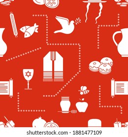 Vector illustration Jewish holiday Traditional symbols Torah scroll, oil jar, Star of David, pomegranate orthodox jewish hat sidelocks Talith Dreidel, Fish Dove, donuts, honey Festive design for print