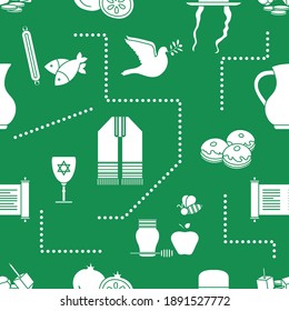 Vector illustration Jewish holiday Traditional symbols Torah scroll, oil jar, Star of David, pomegranate orthodox jewish hat sidelocks Talith Dreidel, Fish Dove, donuts, honey Festive design for print