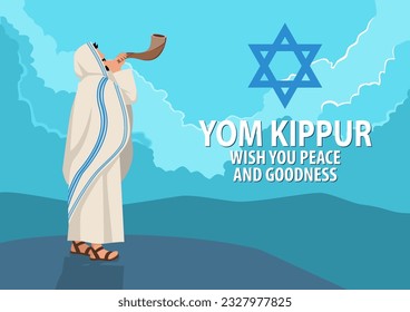 Vector illustration Jewish man blowing the Shofar ram’s horn on Rosh Hashanah and Yom Kippur day.