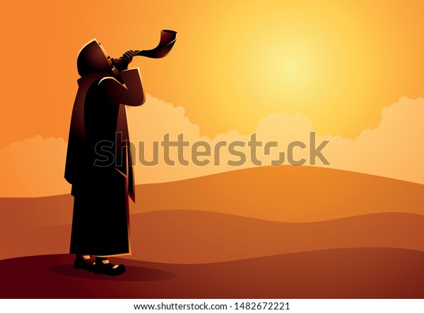 Vector illustration Jewish
man blowing the Shofar ram’s horn on Rosh Hashanah and Yom Kippur
day.
