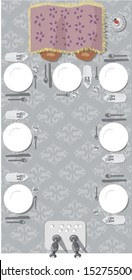 Vector illustration of a Jewish Shabbat table set with Challah, Challah cover Kiddush cup wine glasses white plates napkins silverware napkins Shabbat candles candlesticks candle tray painting drawing