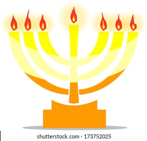 Vector illustration of Jewish temple lamp the Menora with lights. 