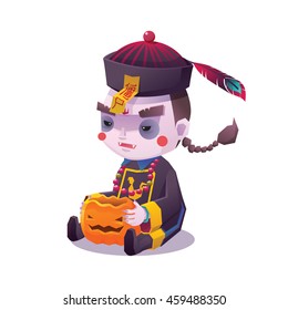 Vector Illustration of "Jiangshi" Chinese Hopping Vampire Ghost with Pumpkin for Halloween on White Background, Chinese Character on Yellow talisman mean Stiff Corpse, Cute  Cartoon Character