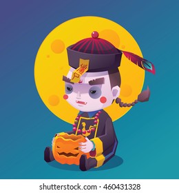 Vector Illustration of Jiangshi Chinese Hopping Vampire Ghost with Pumpkin for Halloween on Full Moon Background, Chinese Character on Yellow talisman mean Stiff Corpse, Cute  Cartoon Character