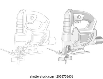 Vector illustration of jig saw on white background for logotype, icon, banner, tag. Professional power tools for home, construction and finishing work.