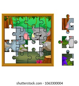 vector illustration of Jigsaw Puzzle Education Game with elephant and rhino in the jungle