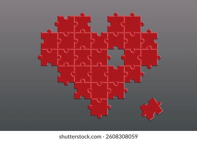 Vector illustration of a jigsaw puzzle in the shape of a heart with one missing piece