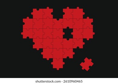 Vector illustration of a jigsaw puzzle in the shape of a heart with one missing piece