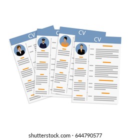 Vector illustration job competition, searching, interview concept with business cv. CV curriculum vitae with man and woman photo