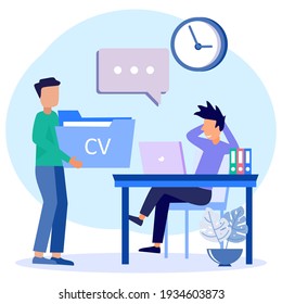 Vector illustration of a job interview concept with the concept of a potential boss. Stressful process and nervousness when asking questions about CVs, motivation letters and application forms.
