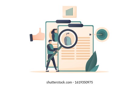 vector illustration, job recruitment and online recruitment concepts with small characters, agency interviews, view curriculum vitae or resume. people bring magnifying glasses to find new employees. 