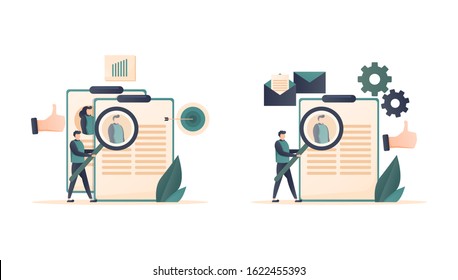 vector illustration, job recruitment and online recruitment concepts with small characters, agency interviews, view curriculum vitae or resume. people bring magnifying glasses to find new employees. 