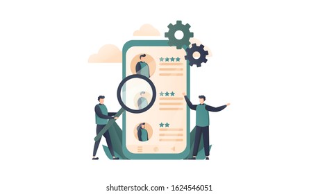 vector illustration, job recruitment and online recruitment concepts with small characters, agency interviews, view curriculum vitae or resume. people bring magnifying glasses to find new employees.