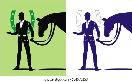 vector illustration. Jockey & Horse, silhouette, with the horseshoe at the background