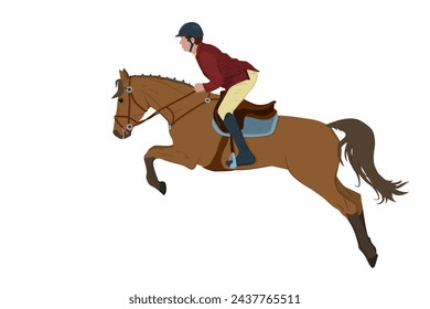 vector illustration of a jockey on a horse in a high jump. The theme of equestrian sports, training and animal husbandry. Isolated on a white background
