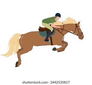 vector illustration of a jockey on a horse in a high jump. The theme of equestrian sports, training and animal husbandry. Isolated on a white background
