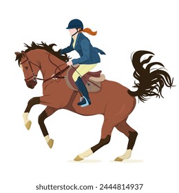 vector illustration of a jockey on a horse in a high jump. The theme of equestrian sports, training and animal husbandry. Isolated on a white background
