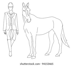 Vector illustration of a jockey standing next to horse