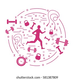 Vector illustration of the jogging man and different kinds of sports equipment arranged in a circle. Including icons of skipping rope, stopwatch, dumbbells and other. 