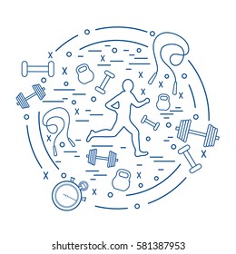 Vector illustration of the jogging man and different kinds of sports equipment arranged in a circle. Including icons of skipping rope, stopwatch, dumbbells and other. 