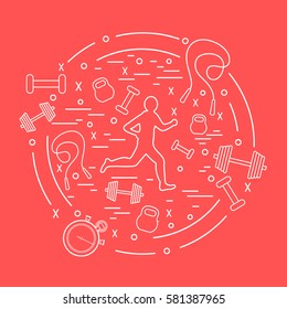 Vector illustration of the jogging man and different kinds of sports equipment arranged in a circle. Including icons of skipping rope, stopwatch, dumbbells and other. 